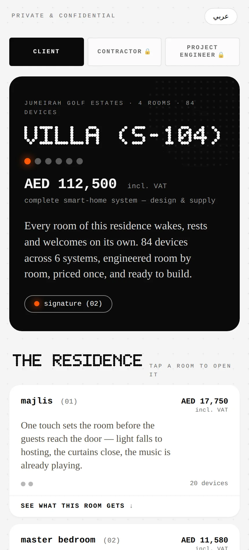The client page on a phone: the villa room by room, in plain language