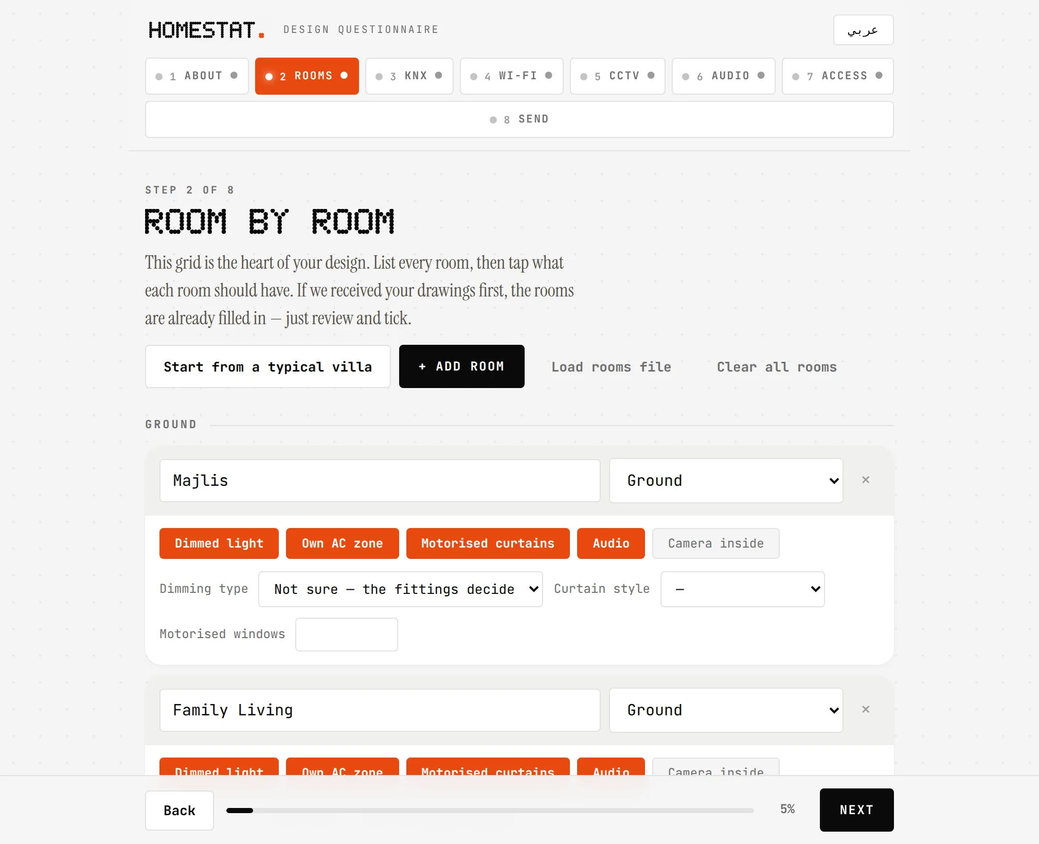 The questionnaire's Rooms step: a typical villa's rooms, with what each one should have ticked